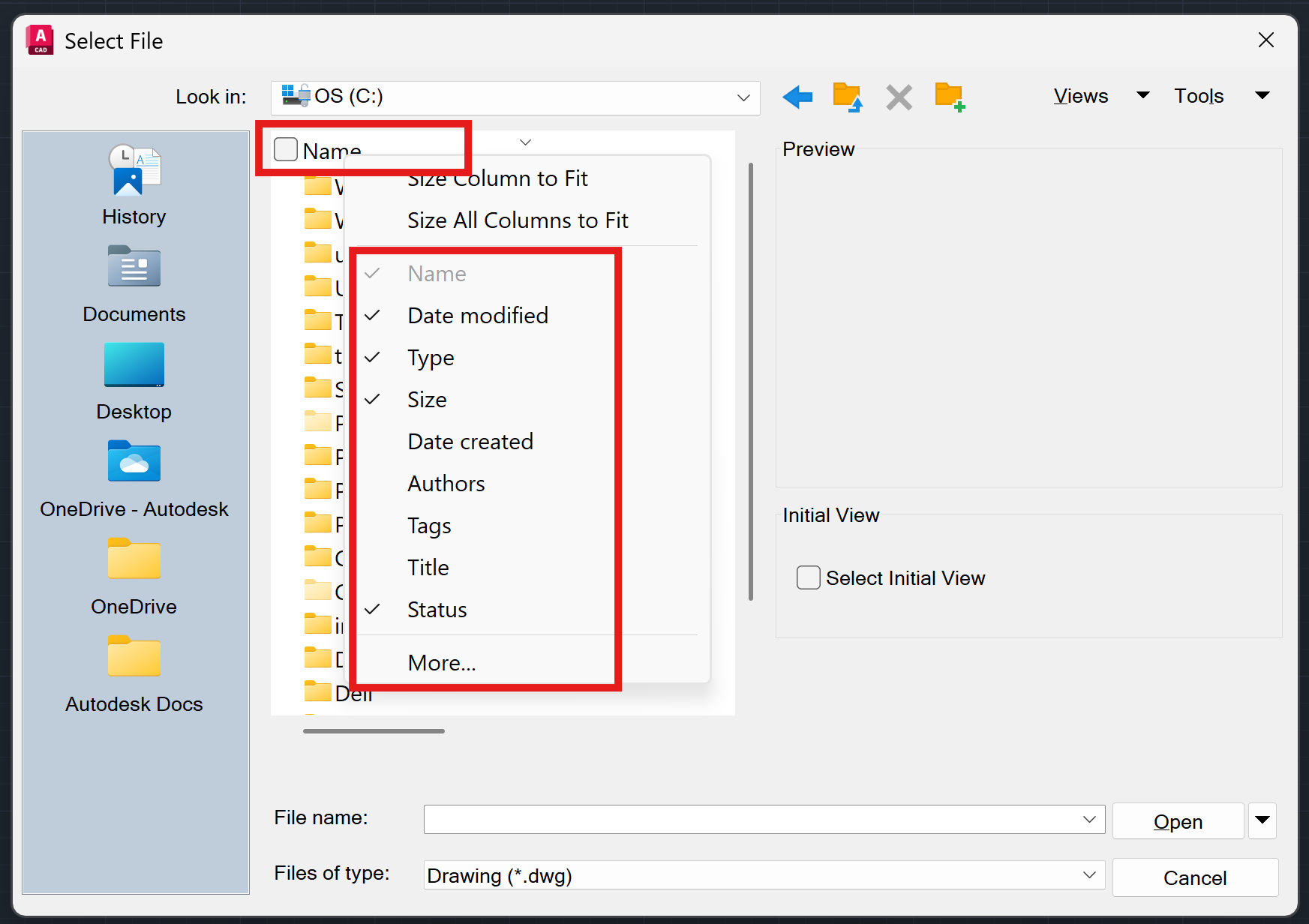 Select File dialog box does not show file details in AutoCAD