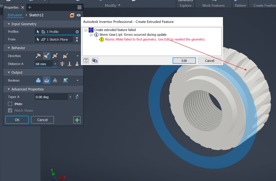 Extrude feature failed to find geometry with Worm gear part within Inventor