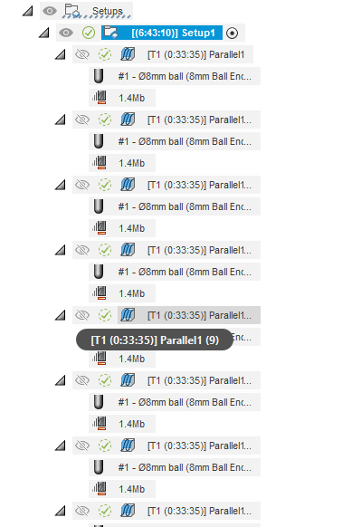 Tools and toolpath data are expanded in Fusion Manufacturing Browser tree