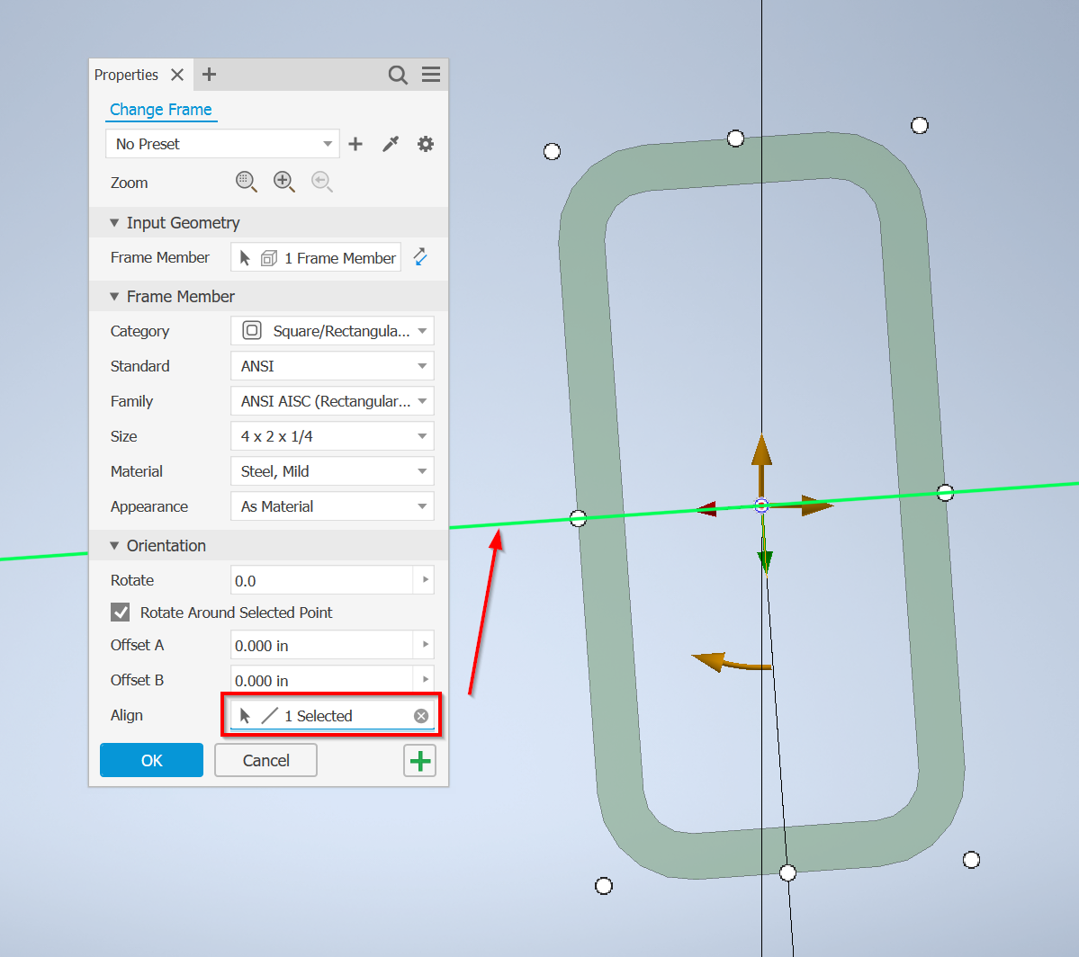 The frame profile is rotated relatively to the reference line in ...