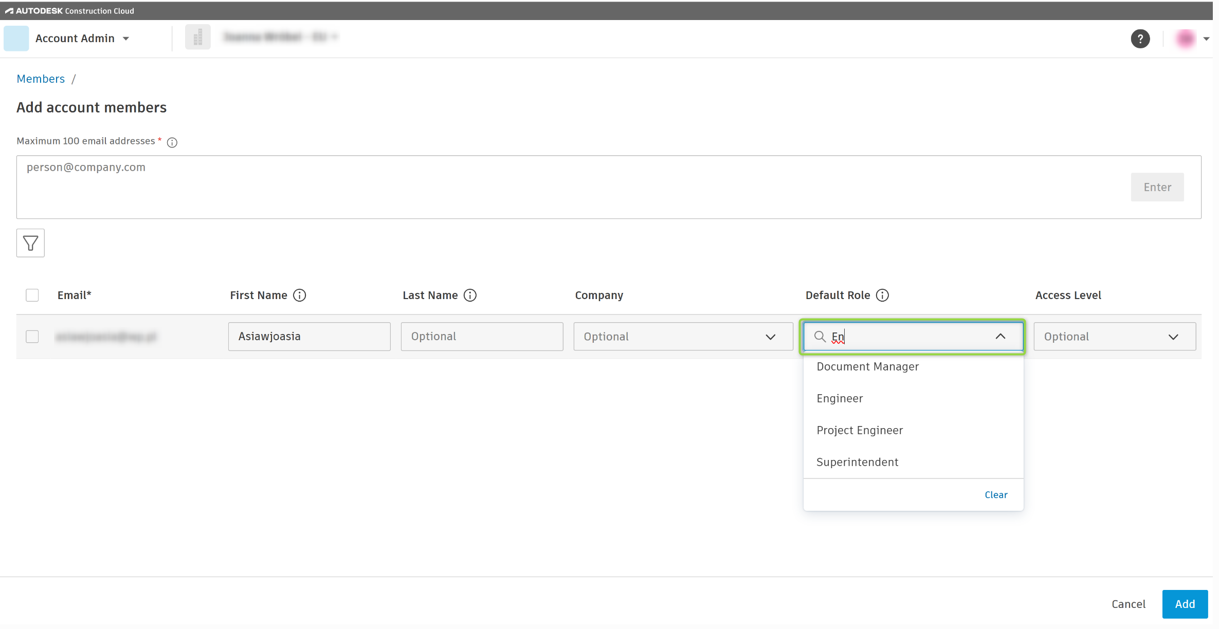 Unable to search roles when adding new members to Autodesk Forma