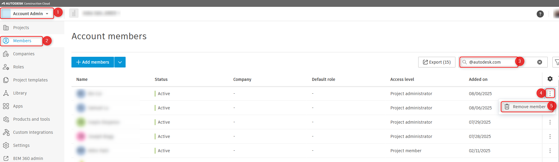 What are the steps to remove Autodesk employees from ACC or BIM 360