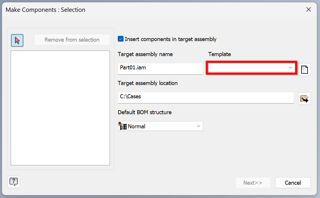 Templates available in drop-down in Make Components dialog in Inventor