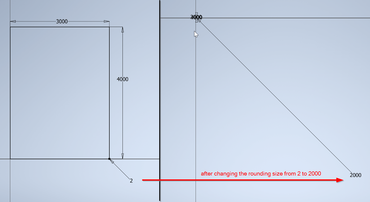 Large increase in size of a rounding dimension in Inventor sketch ...