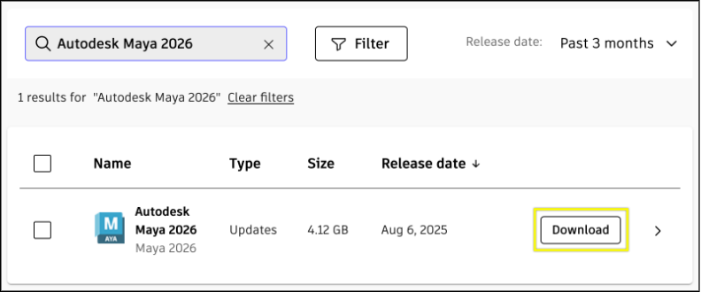 A close-up view of an update for Autodesk Maya 2026. The Download button is highlighted in yellow.