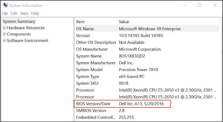 Windows OS System information BIOS Version/Date field