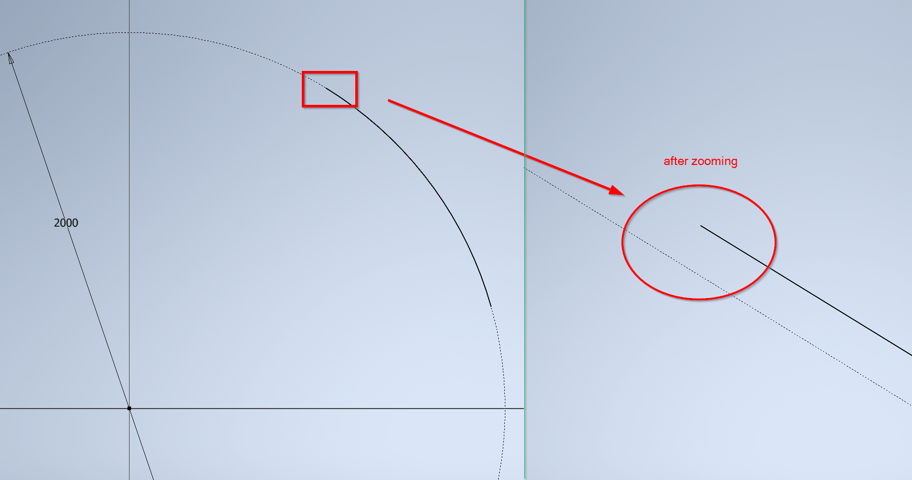 Inventor 2D スケッチでズームインすると、円上にあるスケッチ