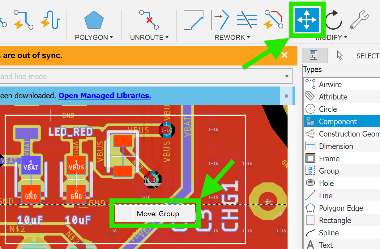 Fusion Electronics의 2D PCB에서 여러 객체 또는 구성요소를 이동하는 방법을 알고 싶습니다.
