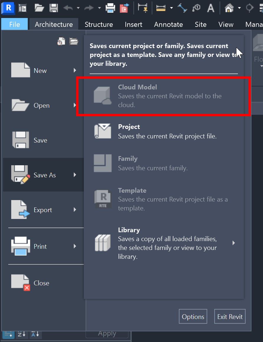 Cannot save as cloud model in Revit LT