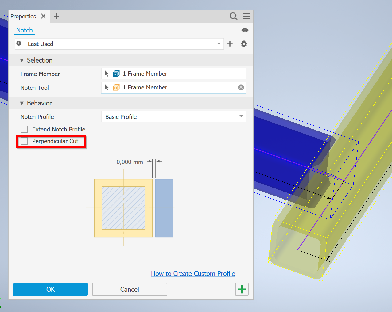 Inventor フレーム生成でノッチを使用しているときに[直交カット]オプションを