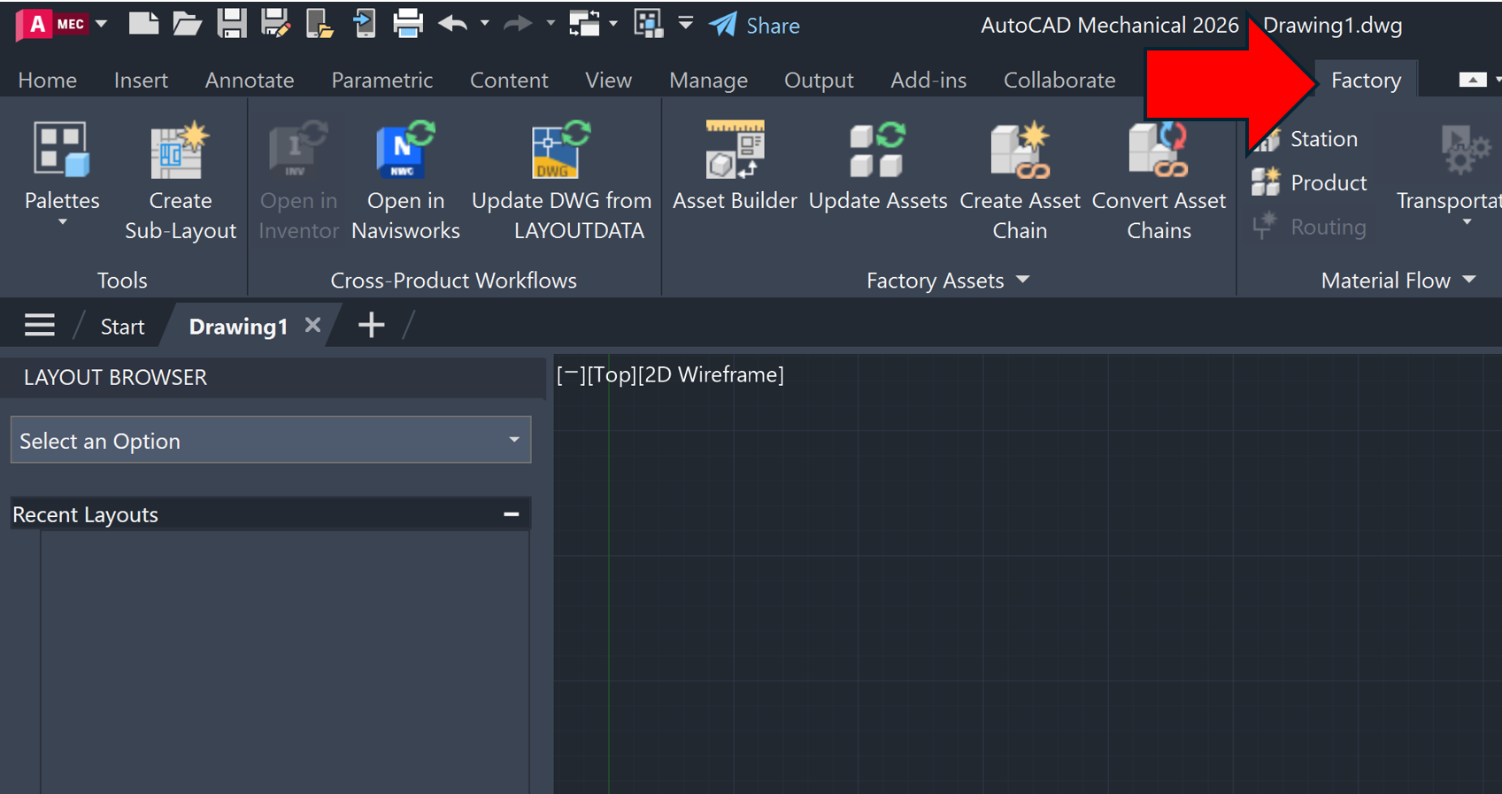 AutoCAD 製品で、Factory Design Utilities のタブがリボンに表示され