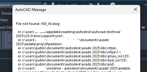 AutoCAD Electrical での作業中に「ファイルが見つかりません: WD_M