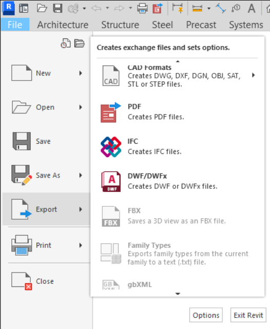 NWC 导出选项不显示在 Revit 的导出选项列表中