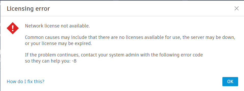Error de licencia: Licencia de red no disponible. 