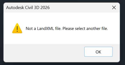 LandXML ファイルではありません。他のアプリケーションから Civil 3D