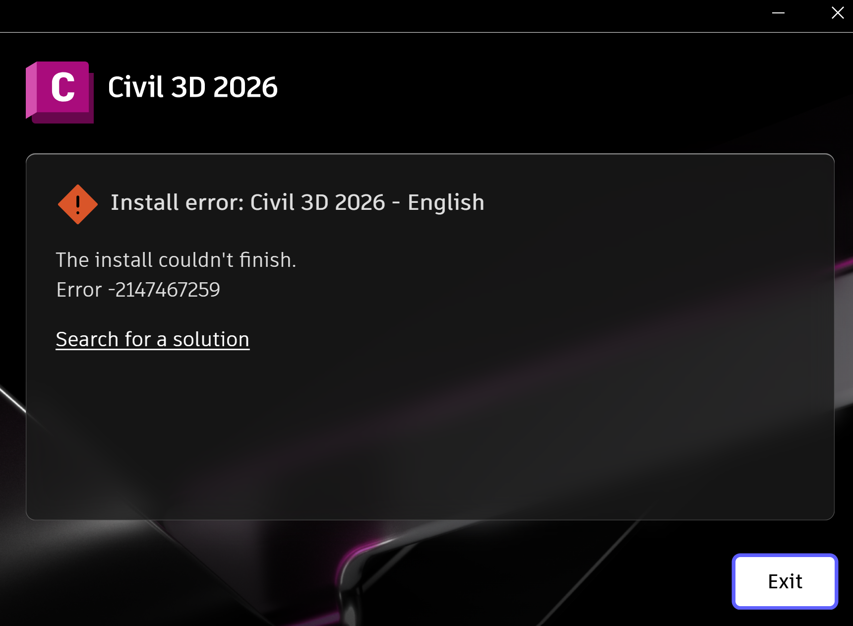 戻るできませんー インストールを完了できませんでした。エラー -2147467259」という