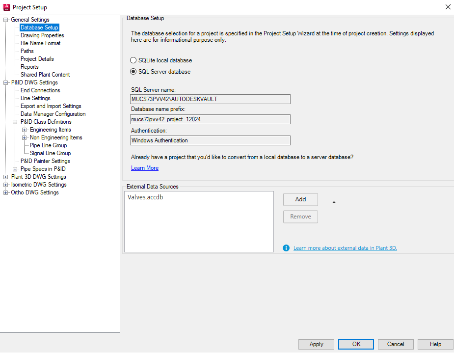 How to connect to an external database in AutoCAD Plant 3D 2024 and newer