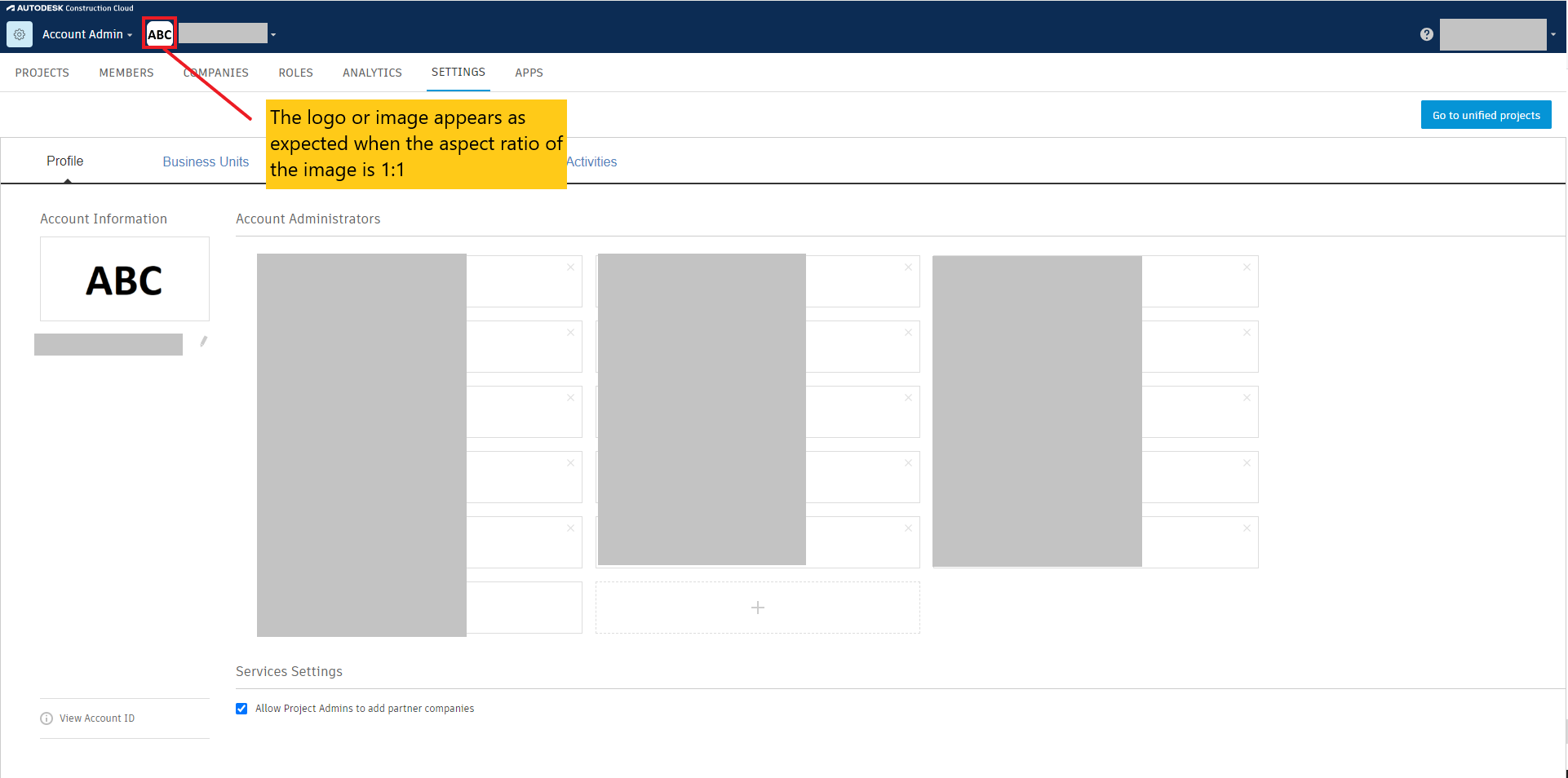 Logo or Account Icon looks stretched in BIM 360 or ACC