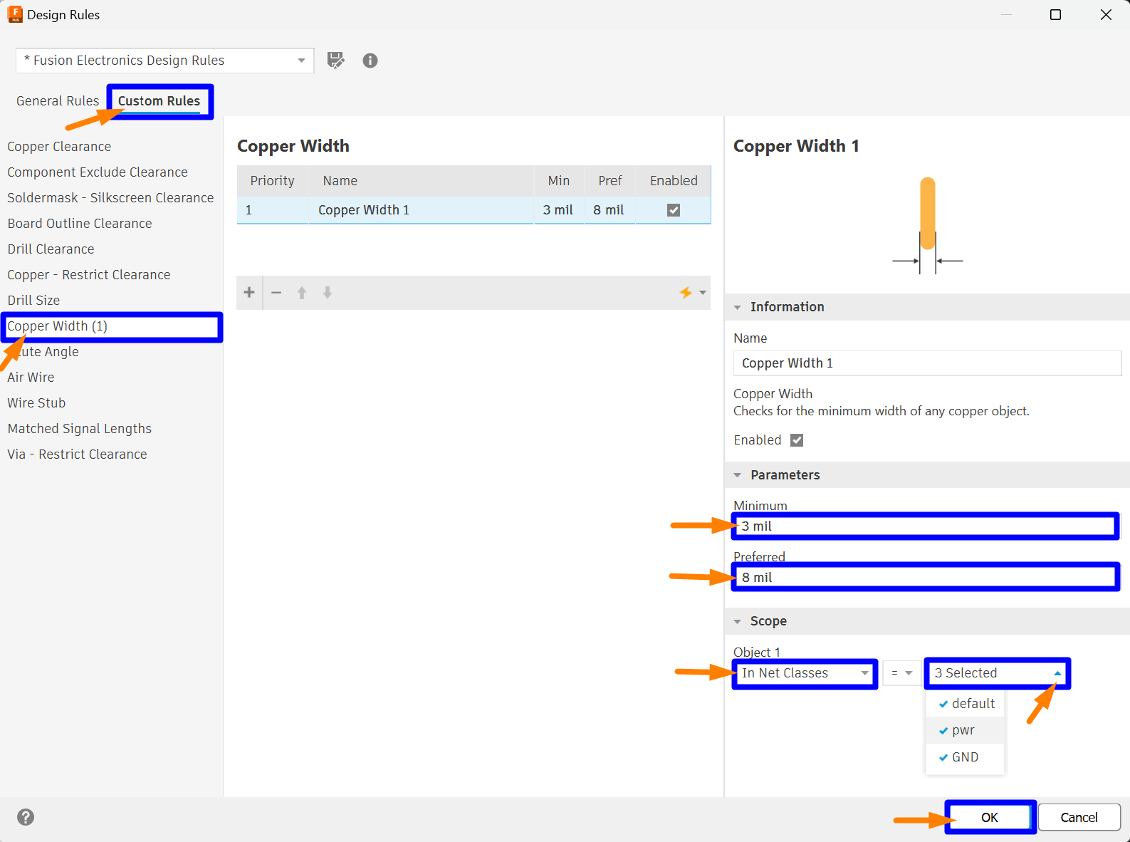 How to set maximum and minimum track width for GND in PCB in Fusion