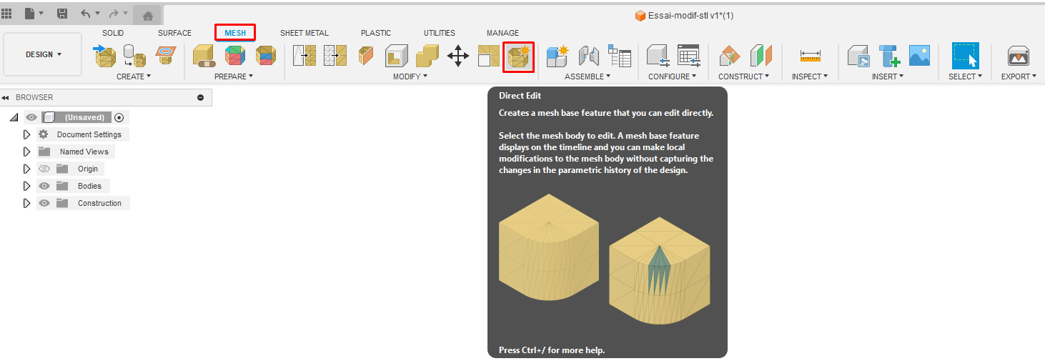 How to delete mesh elements after importing an STL in Fusion