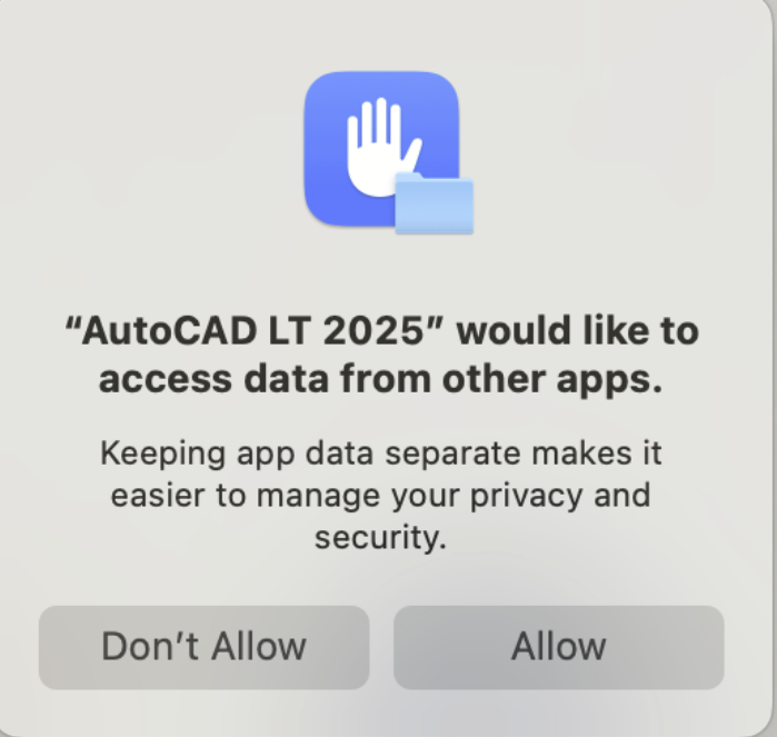 Autocad would like to access data from other apps at startup on Mac OS