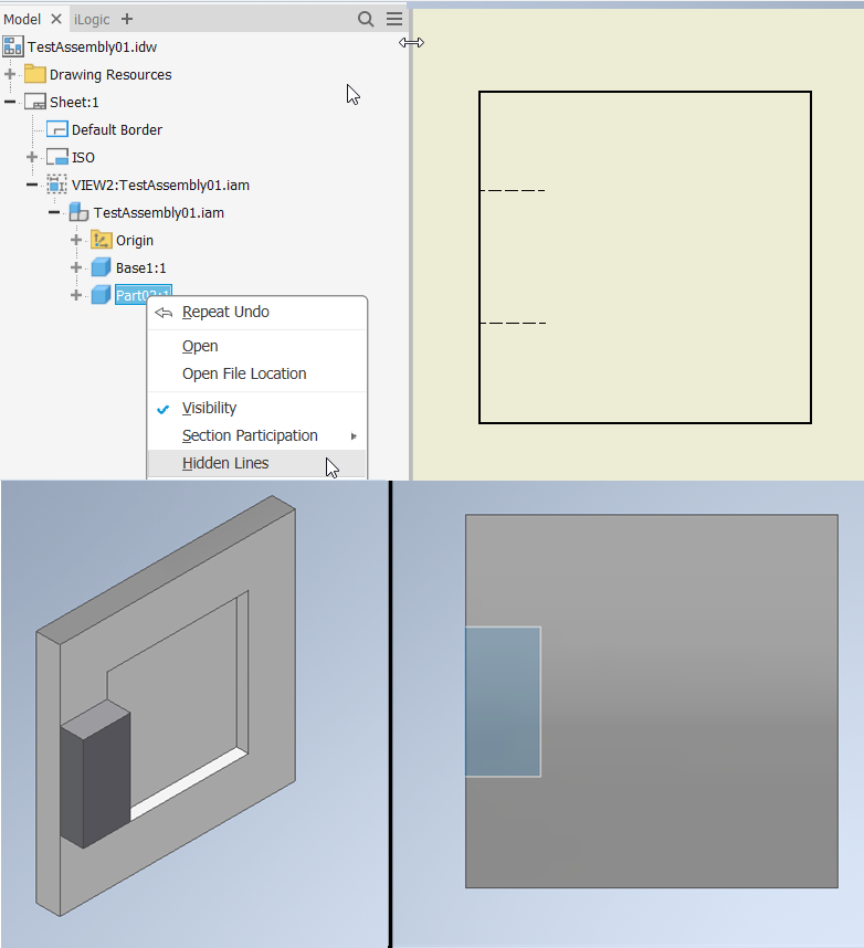 線分が他の非表示の線によって覆われている場合、Inventor 図面