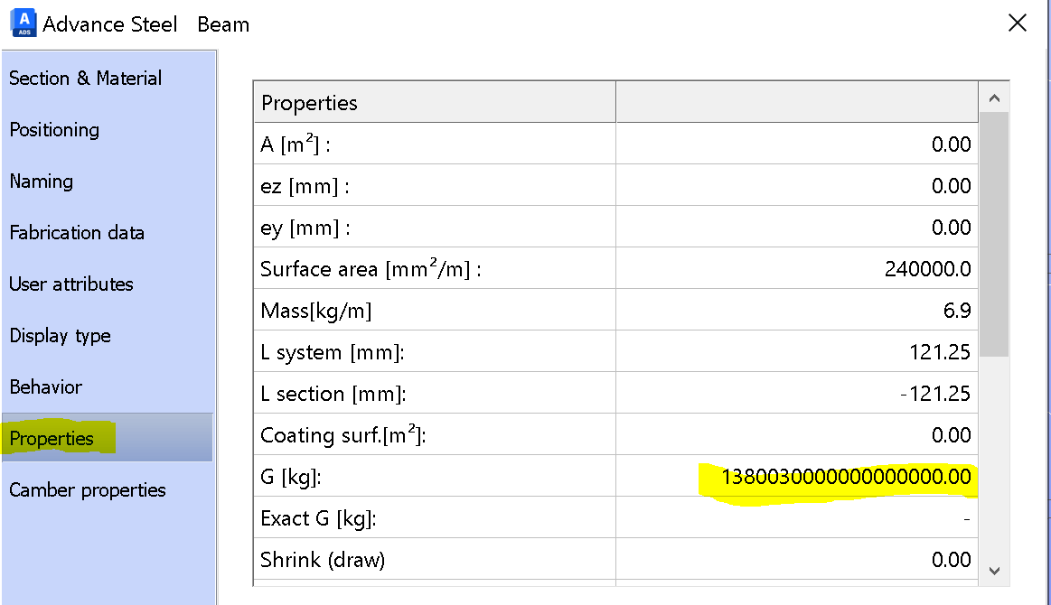 Incorrect huge values of the beam weight on bill of materials in ...