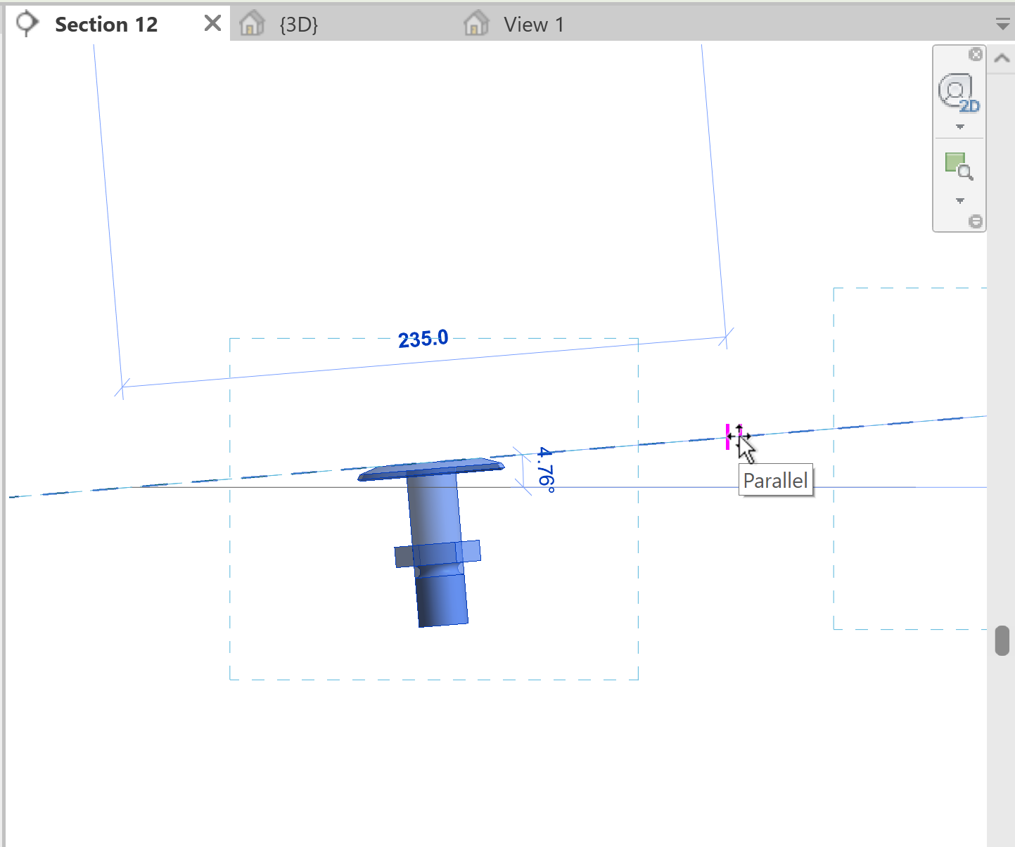 傾斜参照面(断面内)にホストされているファミリを平面図ビューで移動