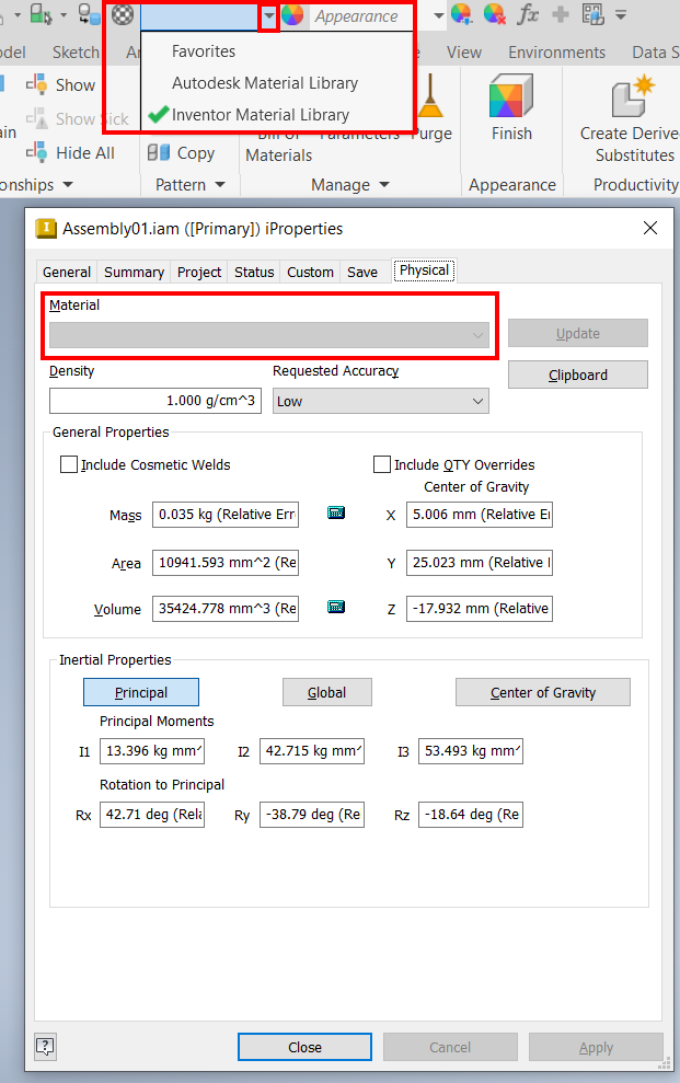 Material selection is not available in assembly documents in Inventor
