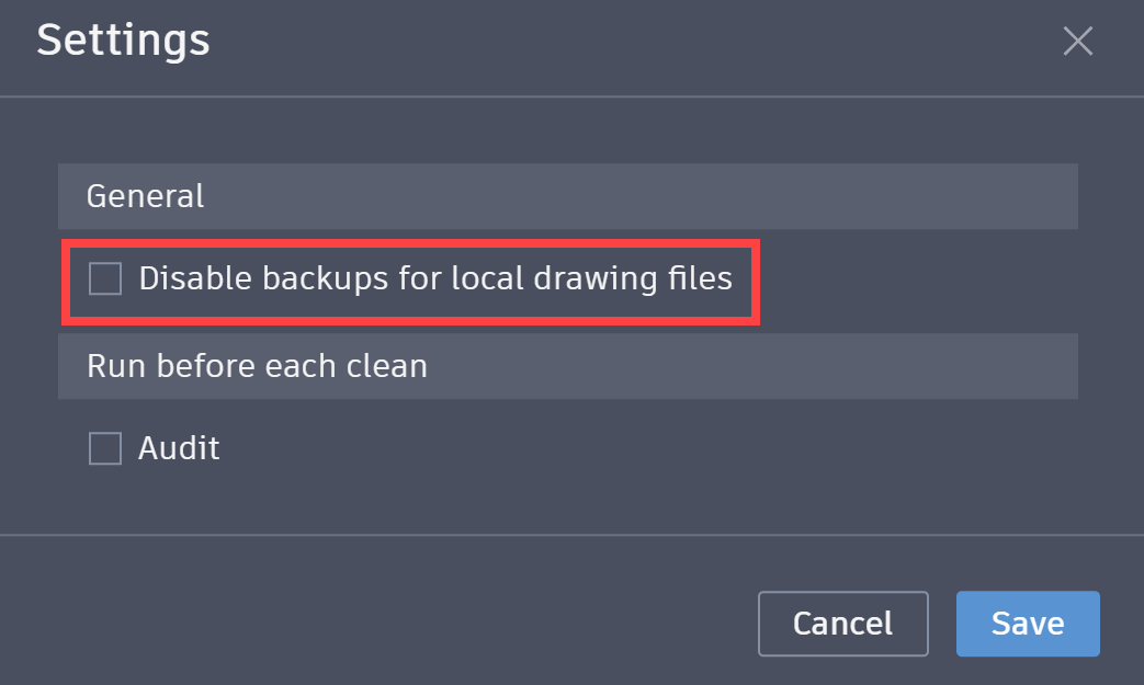 Disable backups for local drawing files in AutoCAD Drawing Cleanup Utility.