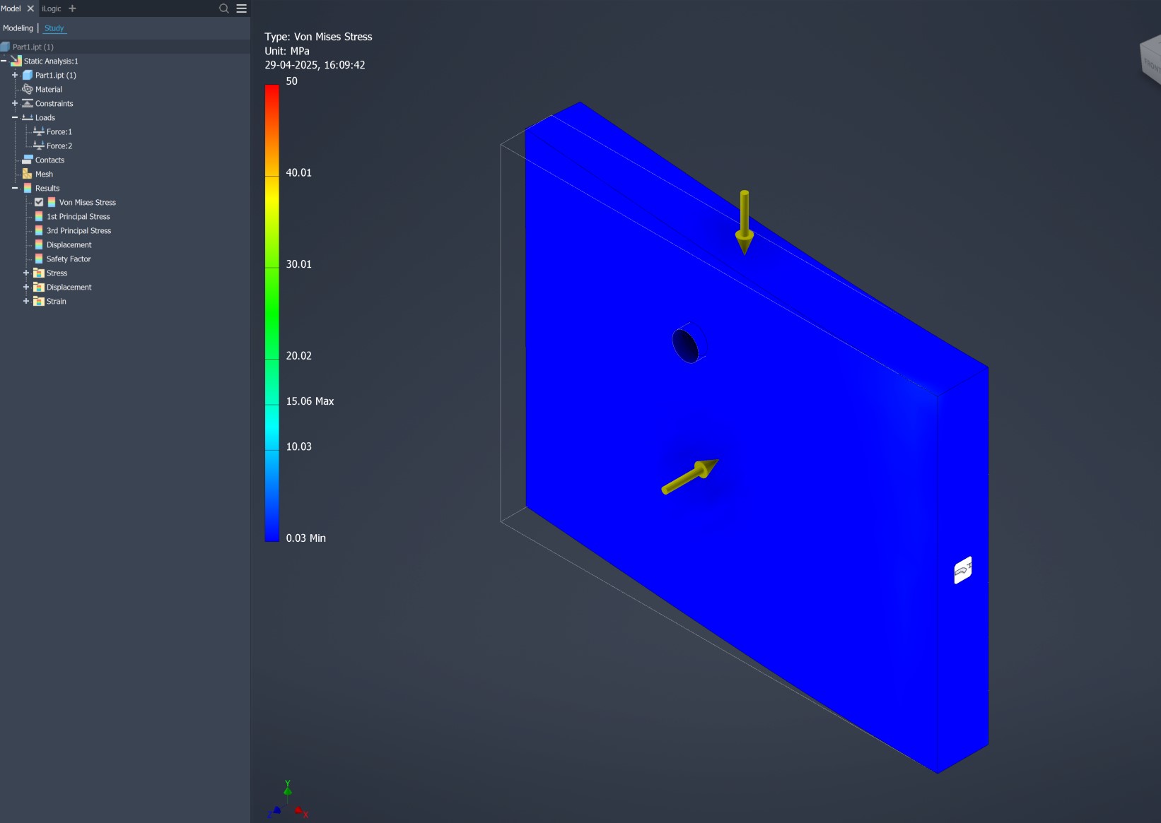 Inventor では、フォン ミーゼス応力に関する FEA 応力解析の結果は