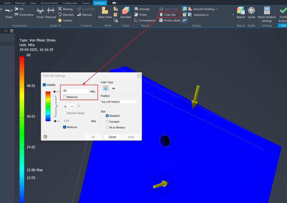 Inventor では、フォン ミーゼス応力に関する FEA 応力解析の結果は