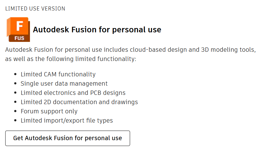 Limited Use Version Autodesk Fusion for personal use