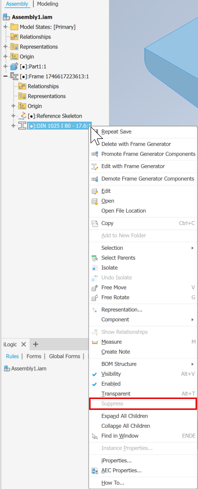 Model States not available in Frame Generator assembly in Inventor
