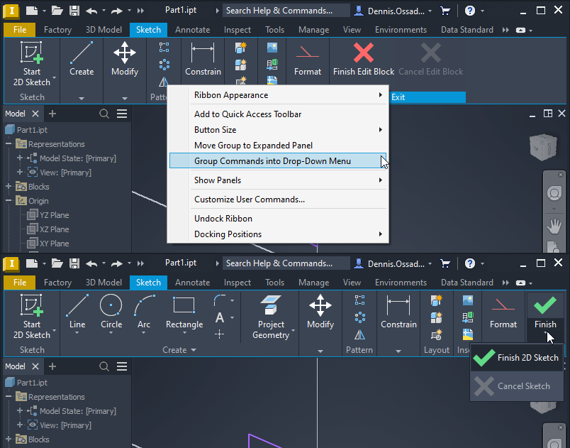Finish 2D Sketch command missing after editing sketch block in Inventor