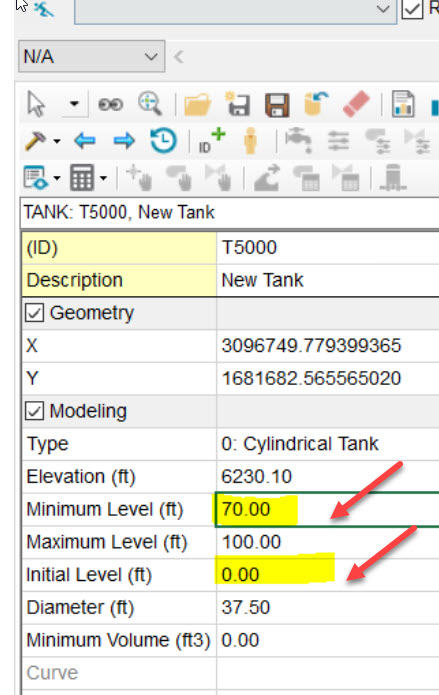 シミュレーションが「入力エラー 202: タンクに不正な数値が含まれています」で失敗する InfoWater Pro