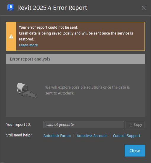 "Your error report could not be sent" when sending a crash report in ...