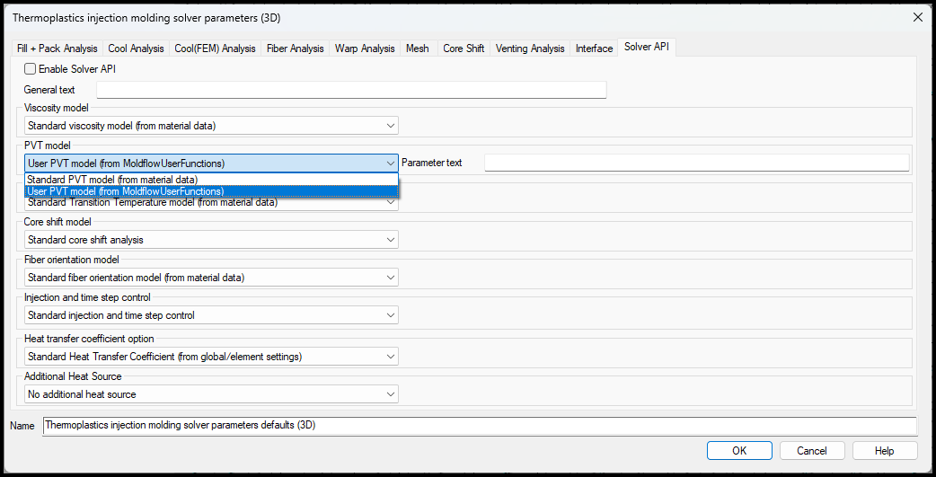 How to use the example Solver API user functions included in Moldflow