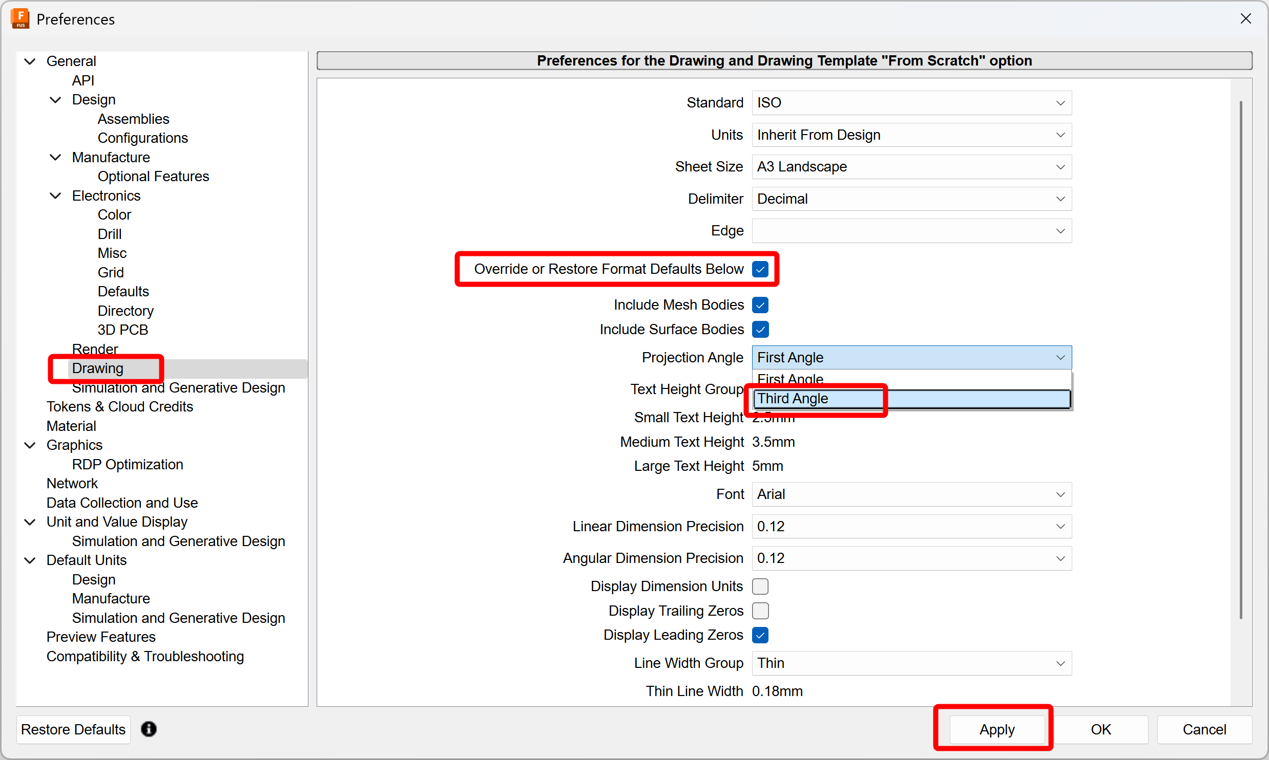 How to change the projection angle of a drawing template in Fusion from ...
