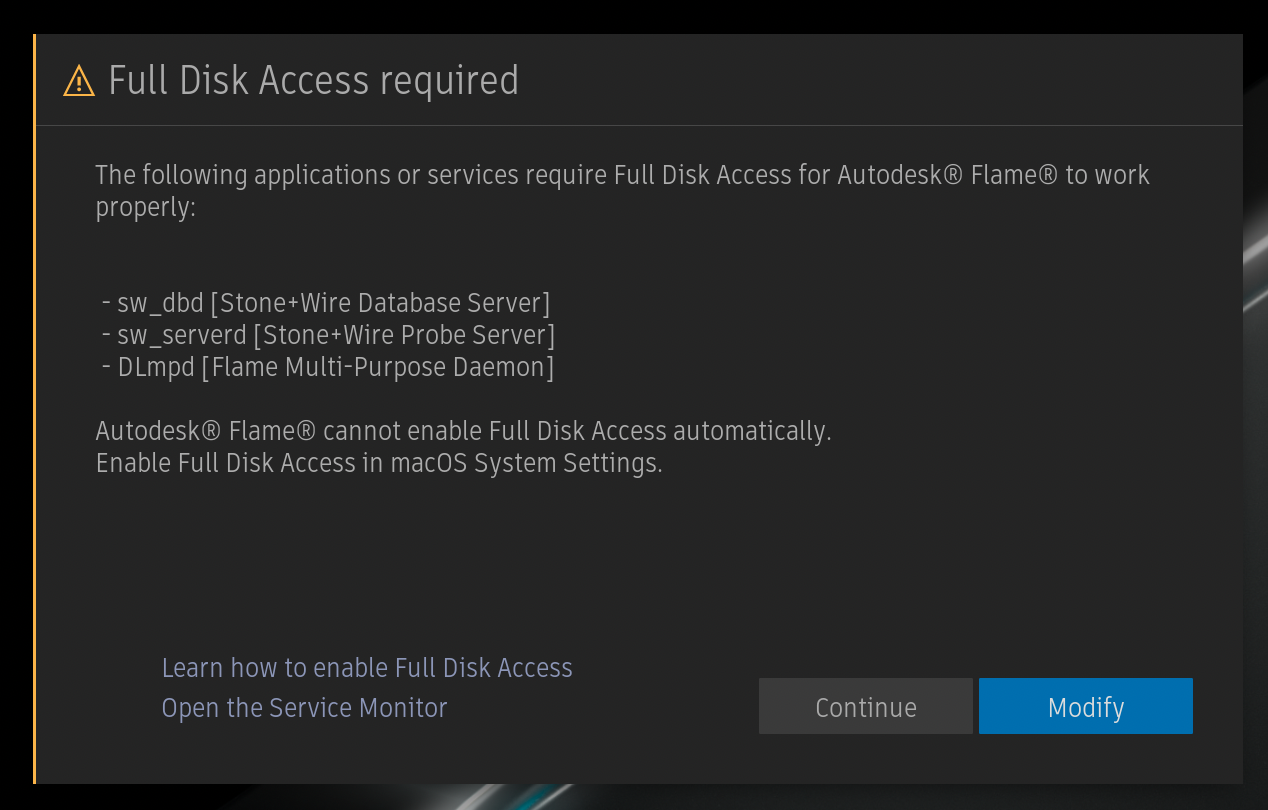 Mac版Flameで起動すると、sw_dbd、sw_severs、DLmpdに関する