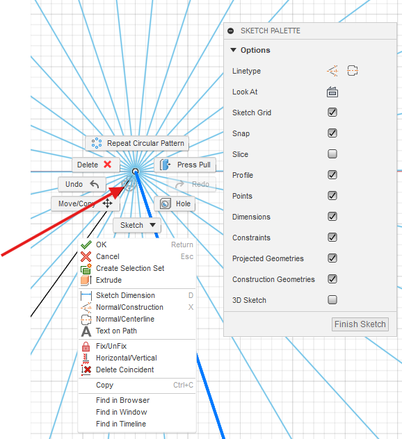 Fusion でスケッチ内のパターンを編集できない