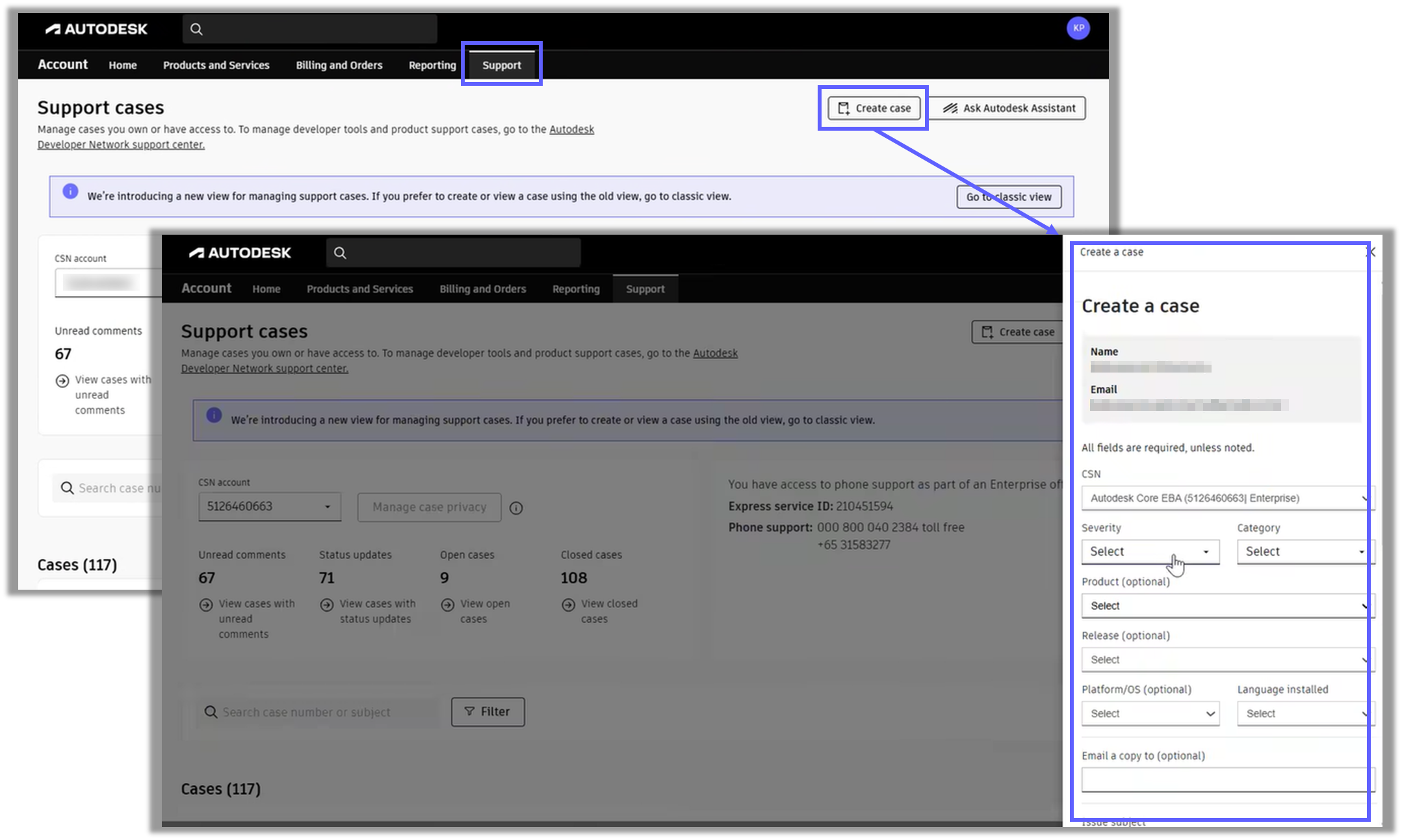 Support page with “Create case” button and detailed case form fields.
