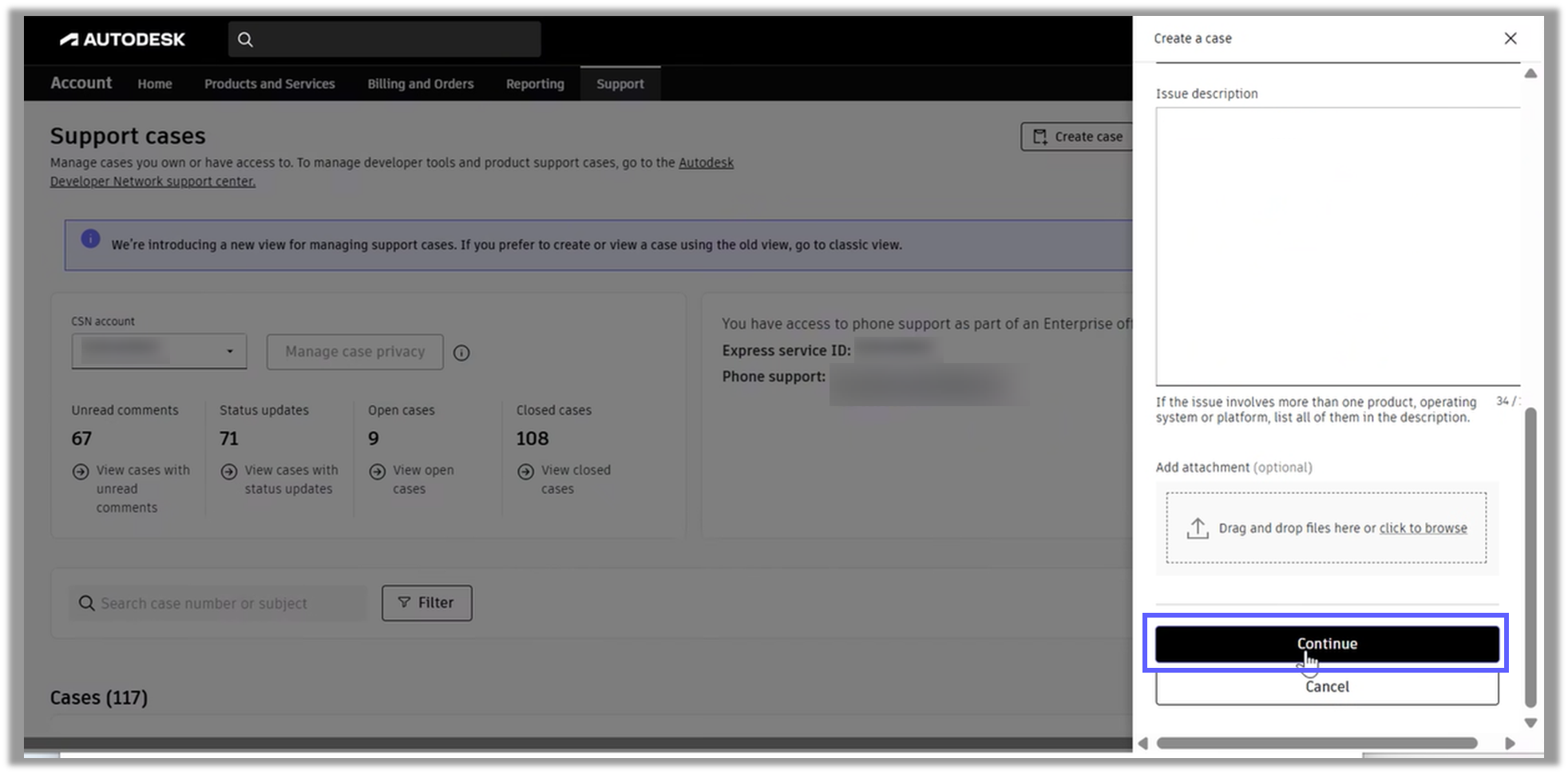 Create case form showing issue description and “Continue” button highlighted.