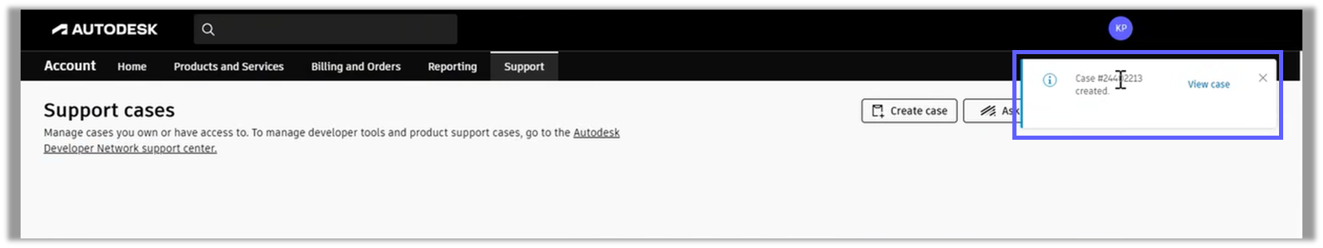 Notification showing case #242213 created with “View case” link.