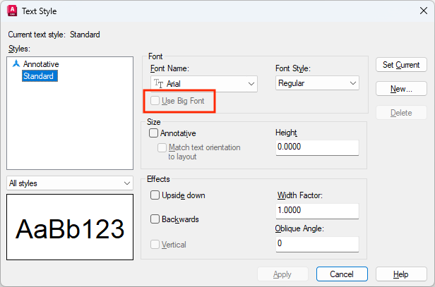 Text Styles Dialog: Use Big Font