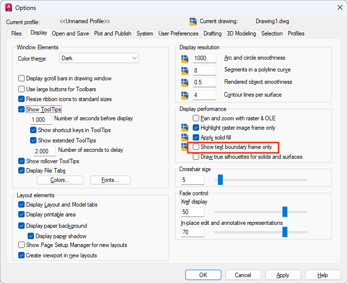 Display dialog: Show text boundary frame only