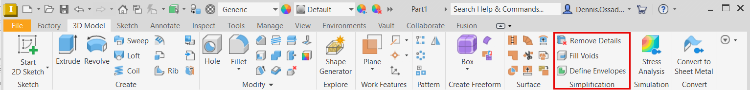 Simplification commands missing in Inventor part environment