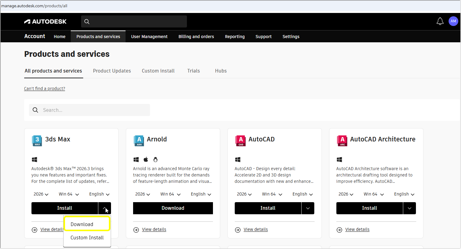 Autodesk products and services page with download method highlighted.