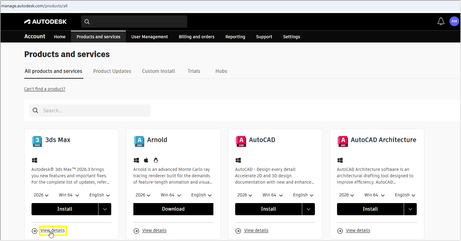 Autodesk products and services page with option to view product details highlighted.