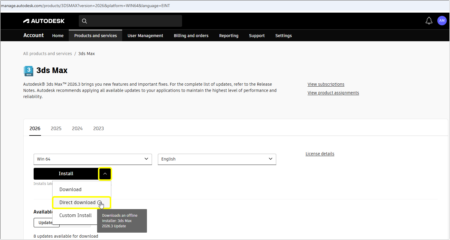 Direct download option highlighted on Autodesk product details page.